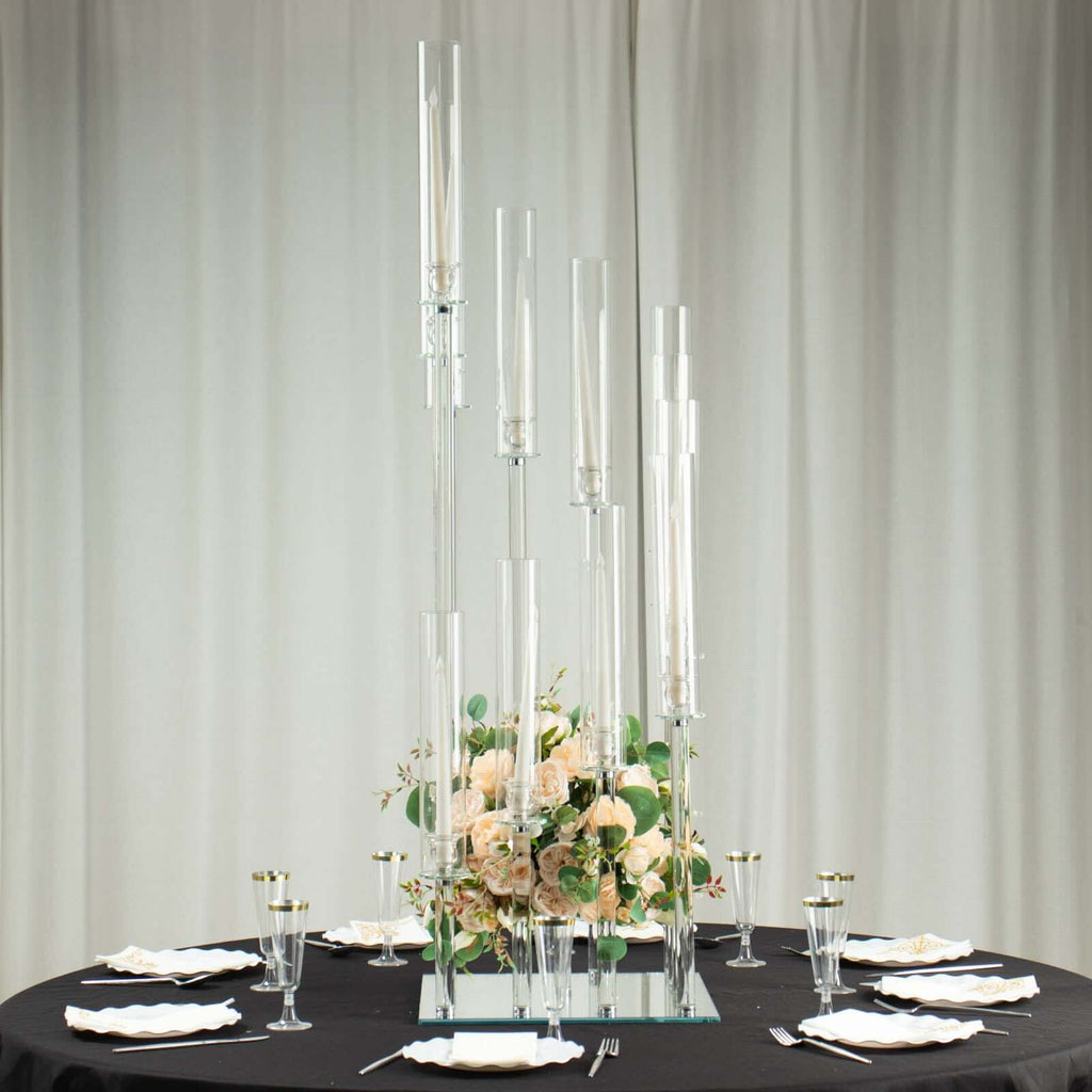 12-Arm Crystal Glass Cluster Candelabra Pedestal Stand 4.5ft - Square Hurricane Taper Candle Holder Table Centerpiece