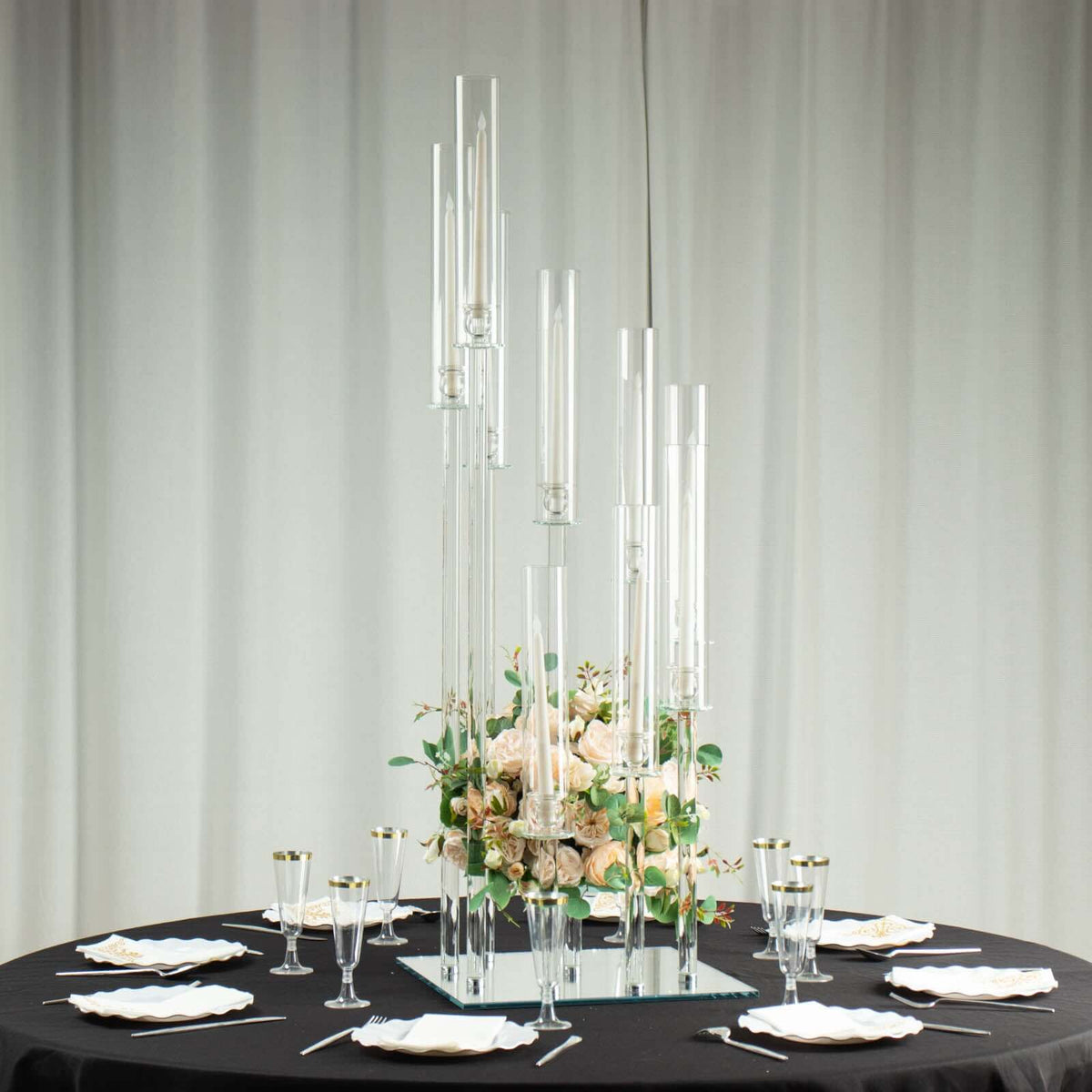 9-Arm Crystal Glass Cluster Candelabra Pedestal Stand 4ft - Square Hurricane Taper Candle Holder Table Centerpiece